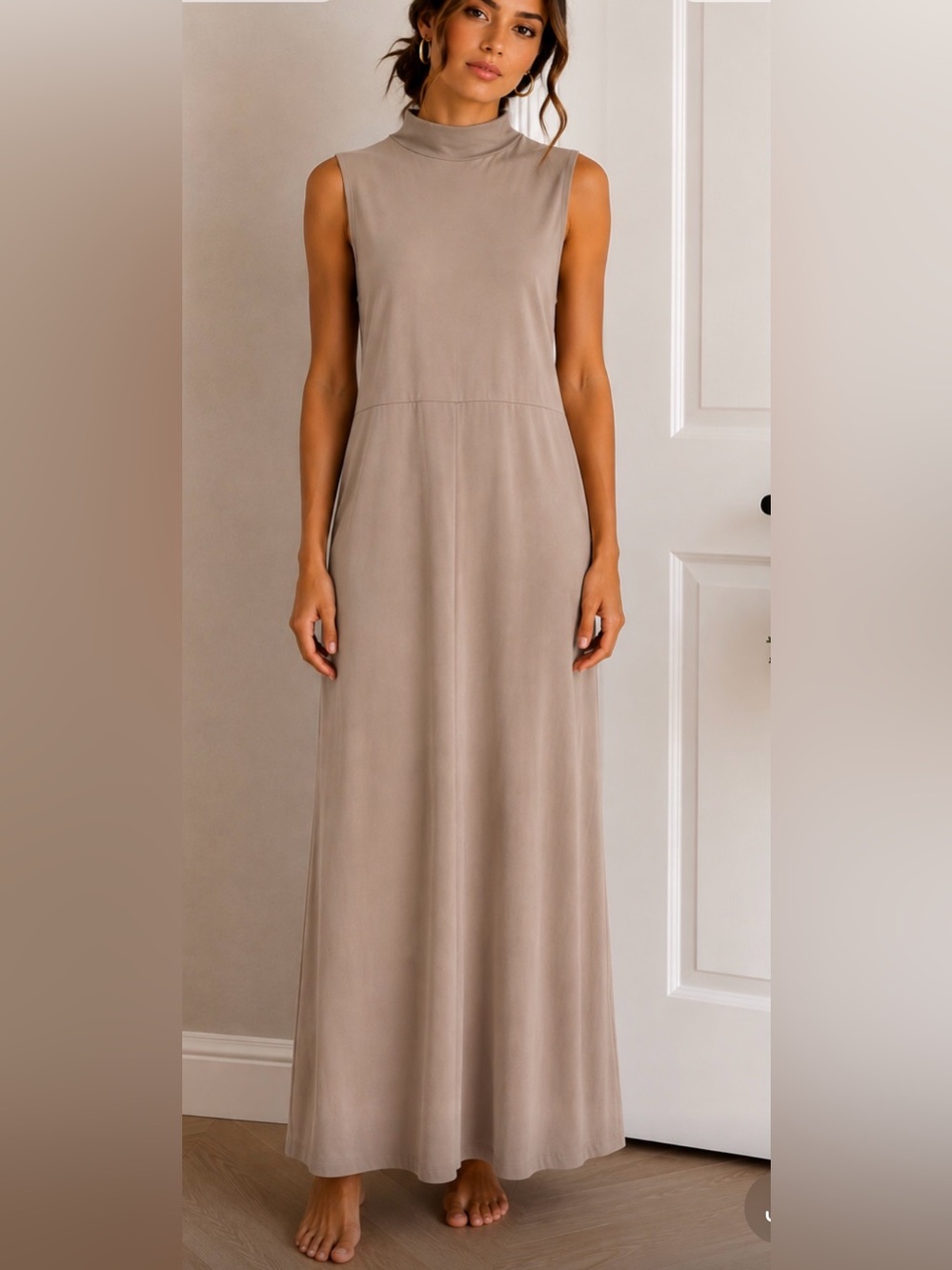 Staple classic piece-Sleeveless Modal Mock Neck Maxi Dress -taupe nude